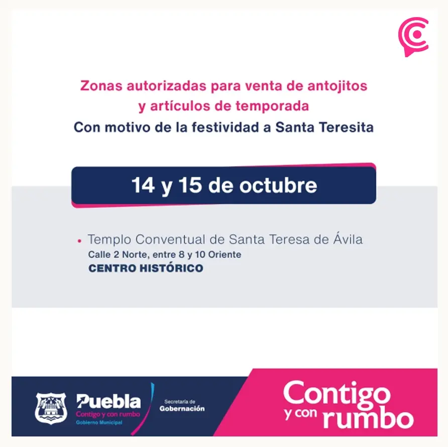 Ayuntamiento de Puebla permitirá comercio por celebración a Santa Teresita