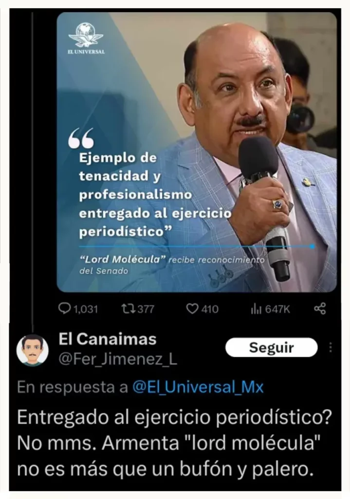 Tunden en redes a Alejandro Armenta por reconocimiento a "Lord Molécula”
