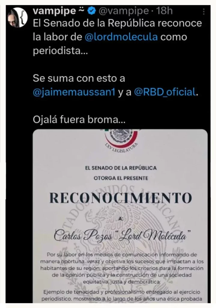 Tunden en redes a Alejandro Armenta por reconocimiento a "Lord Molécula”