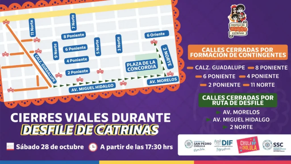 Habrá cierres de vialidades el sábado 28 de octubre, por eventos deportivos y culturales en San Pedro Cholula