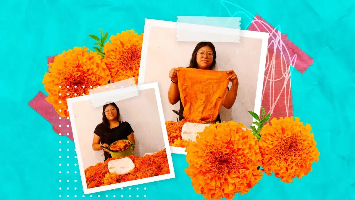 Luciérnaga Ecotienda en Puebla innova al teñir tela con flor de cempasúchil