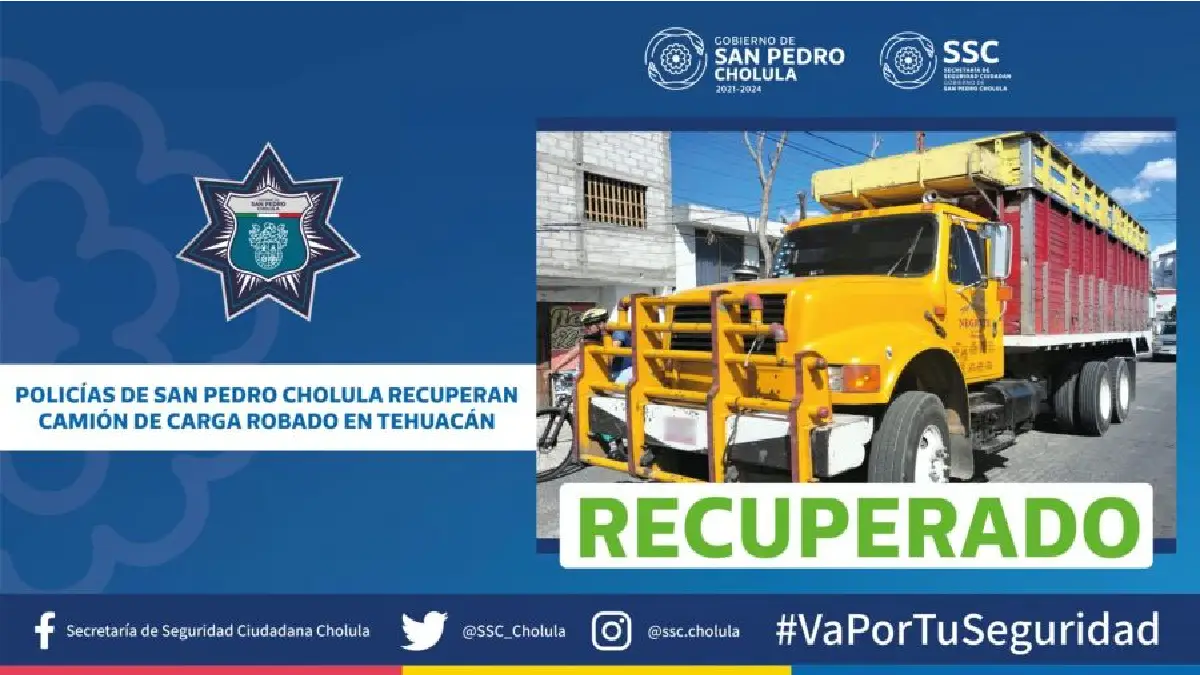 Policías de San Pedro Cholula recuperan camión de carga robado en Tehuacán