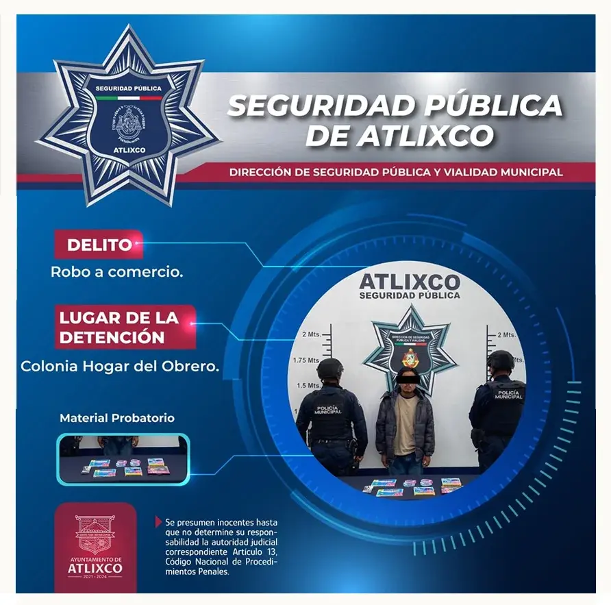 Policía municipal de Atlixco detiene a masculino por robo a comercio y localiza camioneta con reporte de robo