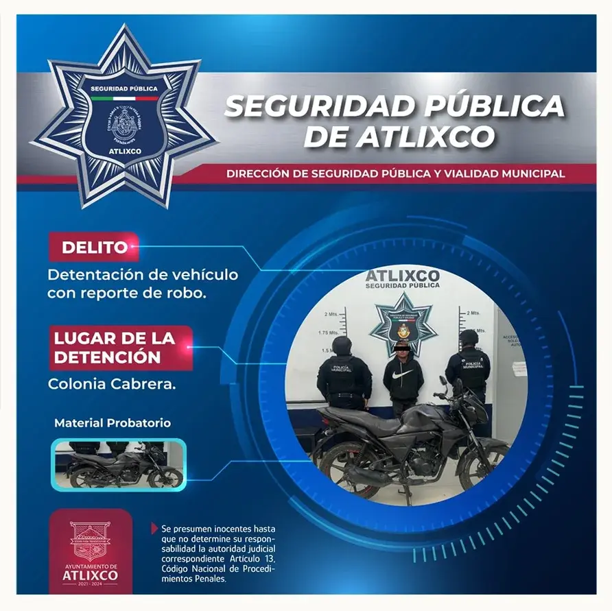 Seguridad pública de Atlixco detiene a 6 hombres, 5 de ellos se transportaban en motos con reporte de robo y otro más por robar en un comercio de la ciudad