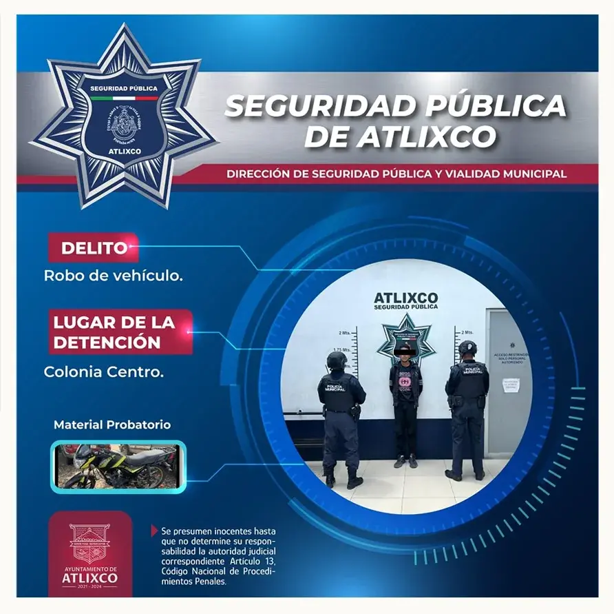 Seguridad pública de Atlixco detiene a 6 hombres, 5 de ellos se transportaban en motos con reporte de robo y otro más por robar en un comercio de la ciudad