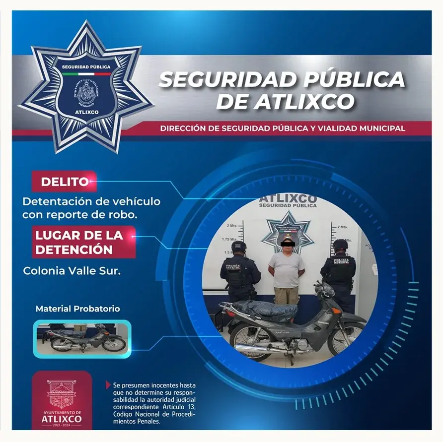 Policía municipal de Atlixco recupera vehículos con reporte de robo y detiene a dos hombres que portaban armas de fuego