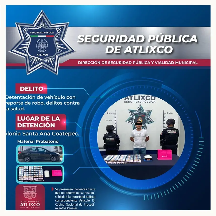 Policía municipal de Atlixco recupera vehículos con reporte de robo y detiene a dos hombres que portaban armas de fuego