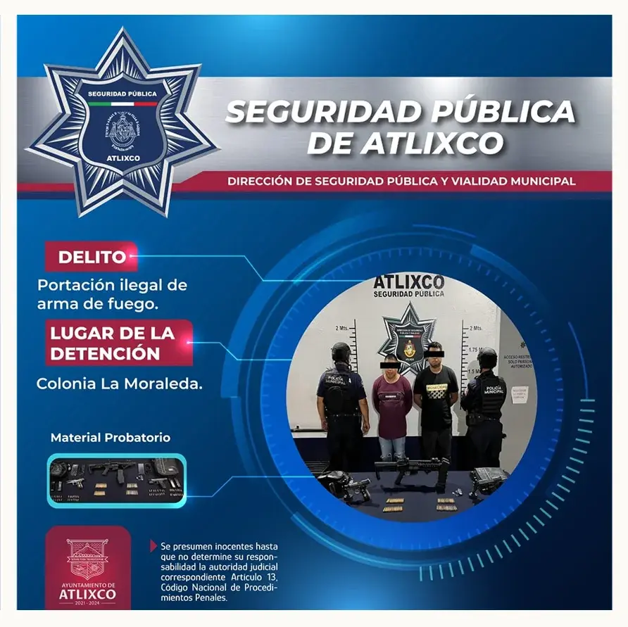 Policía municipal de Atlixco recupera vehículos con reporte de robo y detiene a dos hombres que portaban armas de fuego