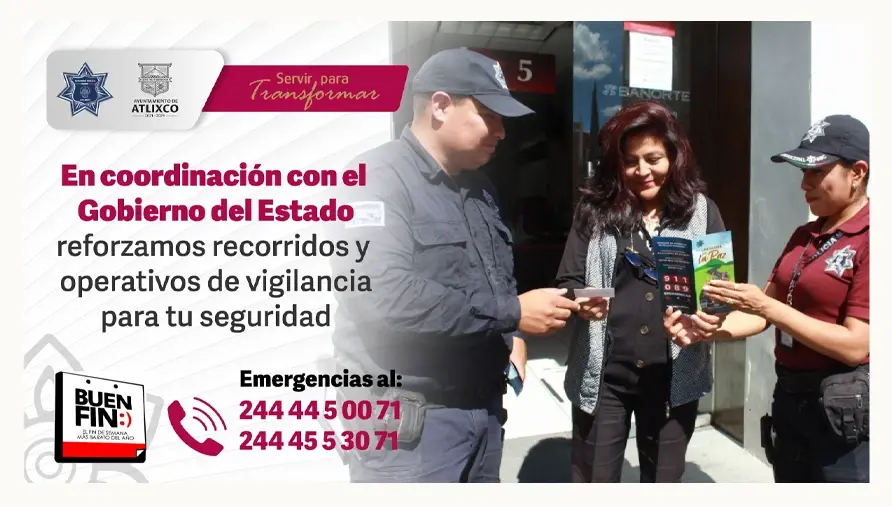 Seguridad Pública de Atlixco reforzará operativos durante el Buen Fin