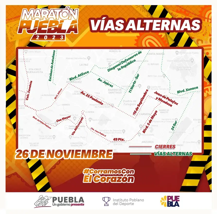Estos serán lo cierres viales por el Maratón de Puebla 2023
