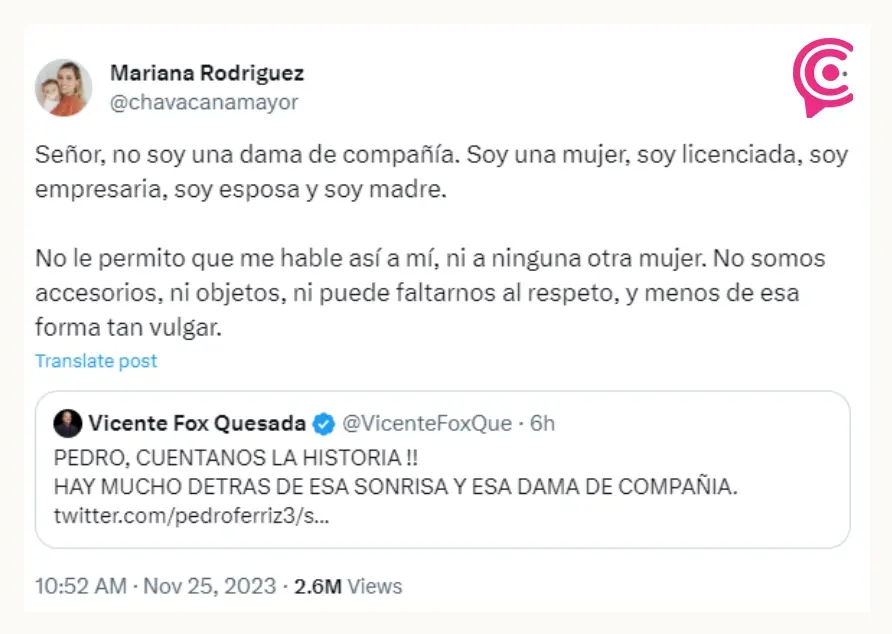 Mariana Rodriguez acusa a Vicente Fox de violento por llamarla “dama de compañía”