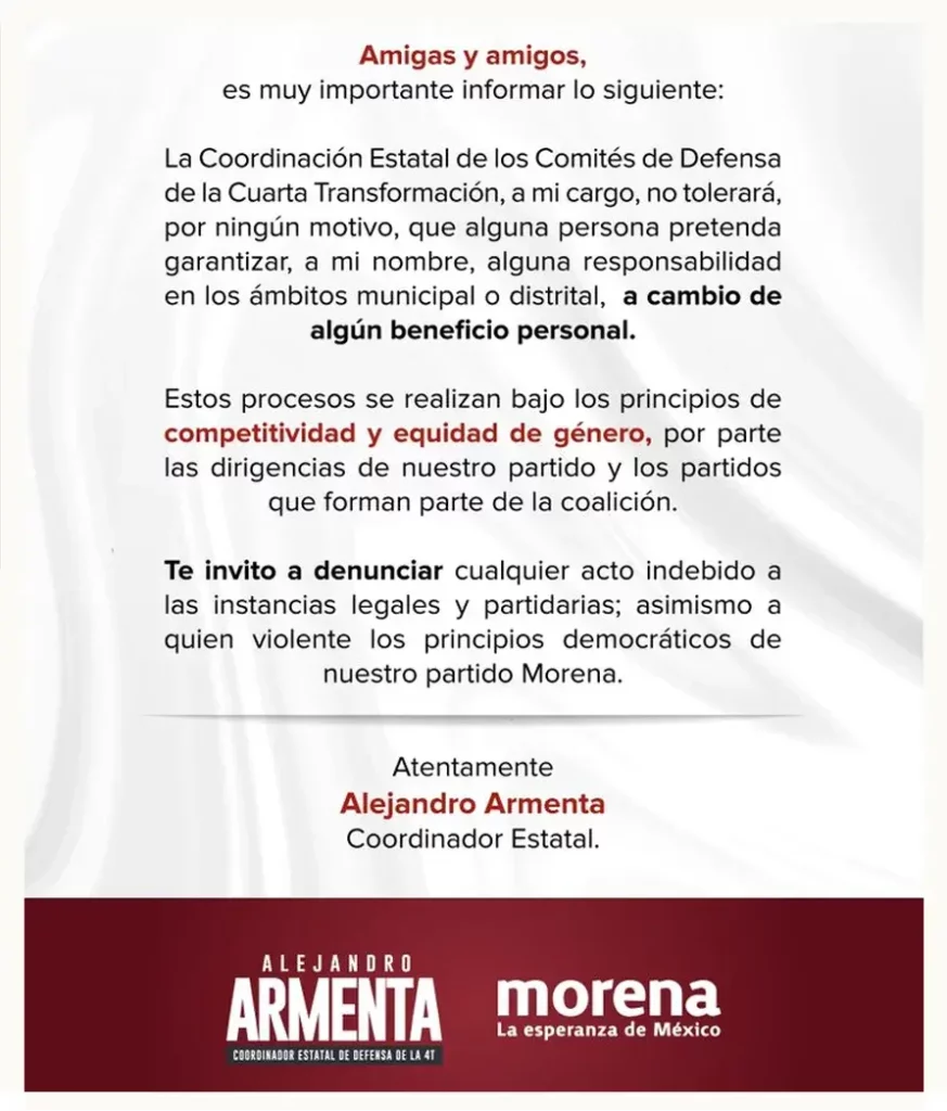 Alejandro Armenta pide denunciar a quienes prometan cargos públicos usando su imagen