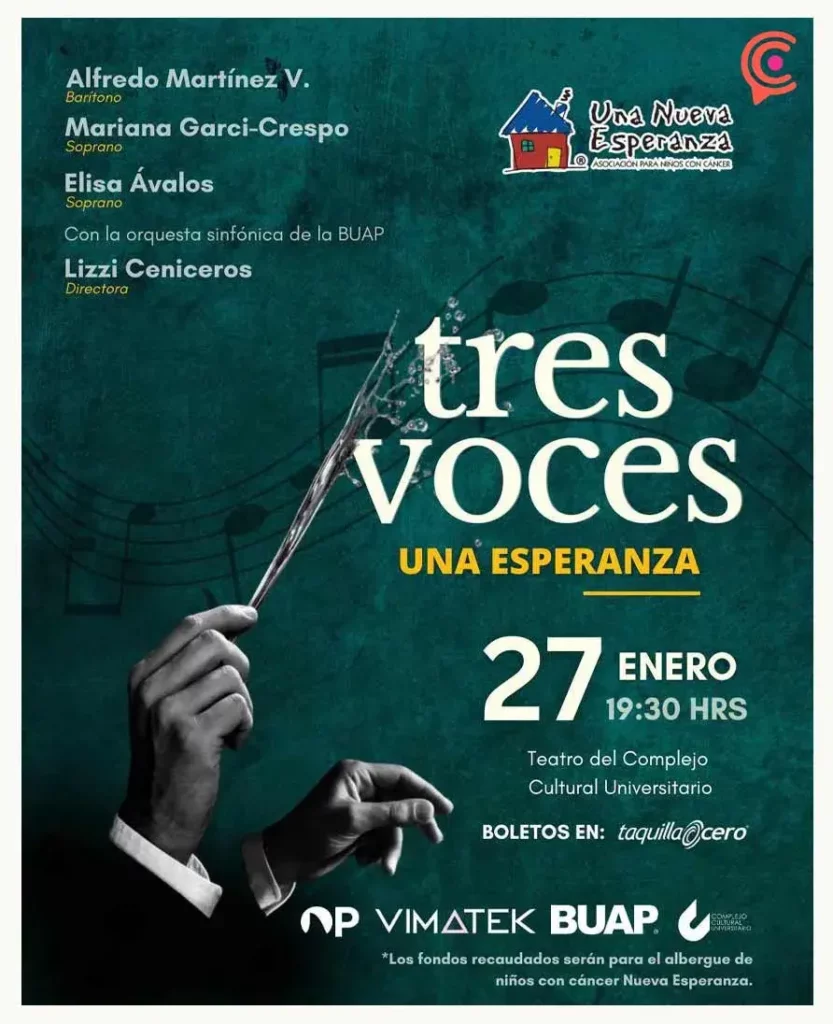 Concierto “Tres Voces, Una Esperanza” será a beneficio de niños con cáncer en Puebla