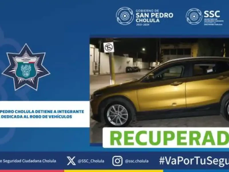 Policía de San Pedro Cholula detiene a integrante de banda dedicada al robo de vehículos