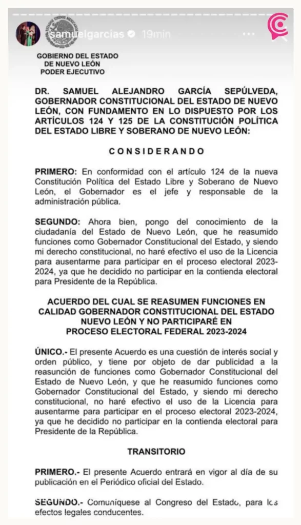 Samuel García abandona sus aspiraciones por la Presidencia, retoma funciones como gobernador de Nuevo León