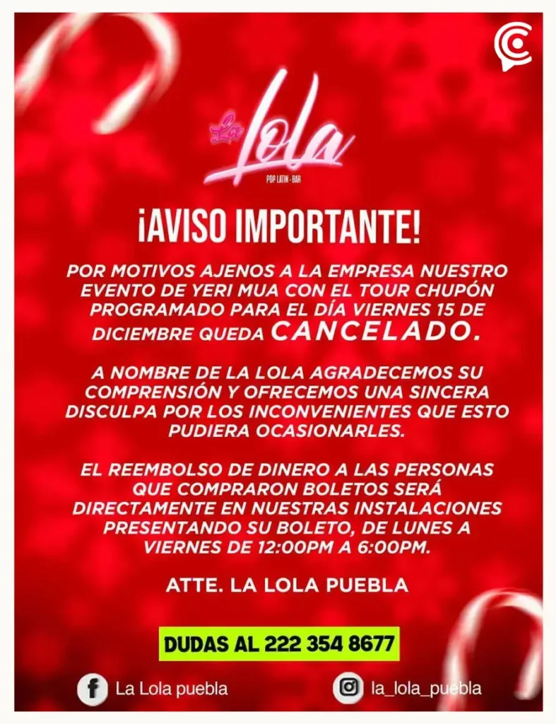 Yeri Mua cancela su presentación en La Lola Puebla, así puedes exigir tu reembolso 
