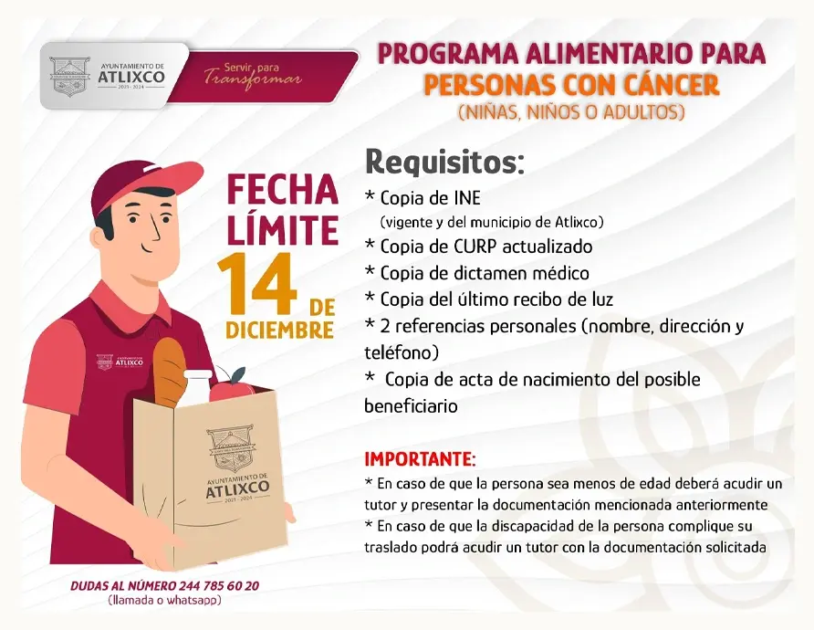 Si conoces a alguien o lo requieres, inscríbete en el progama alimentario para personas con discapacidad o cáncer en Atlixco