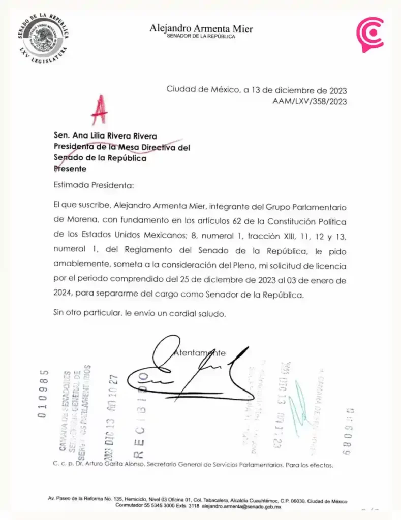 Alejandro Armenta pide licencia por 10 días al Senado para preparar su precampaña