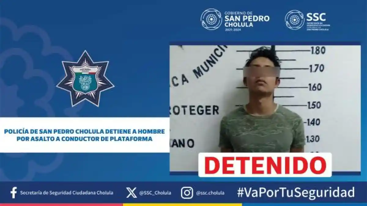 Policía de San Pedro Cholula detiene a hombre por asalto a conductor de plataforma