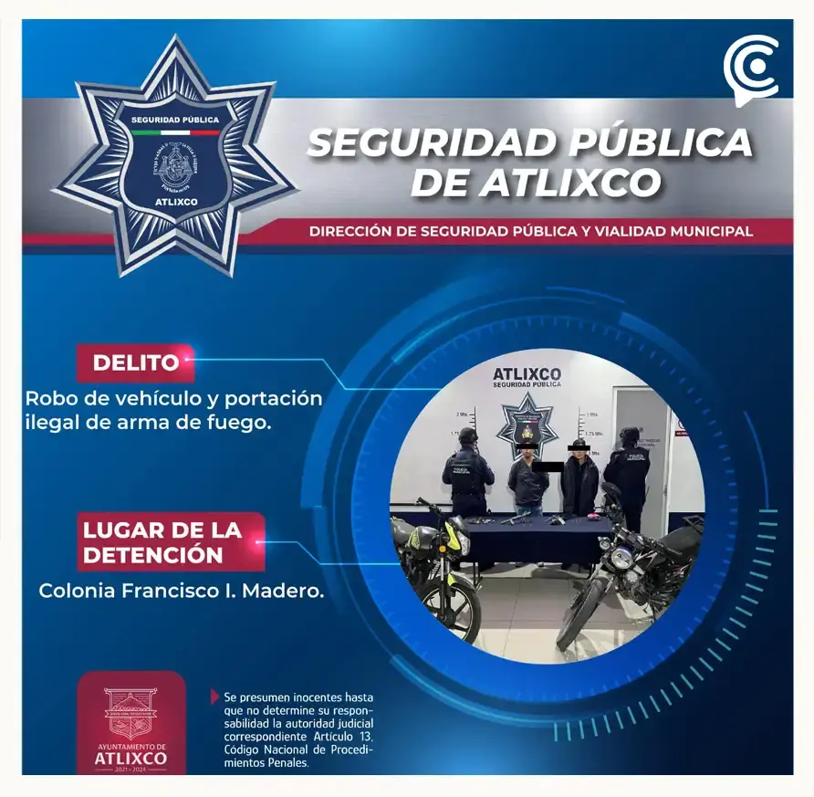 Por diferentes delitos, policías municipales detienen a cinco hombres en Atlixco