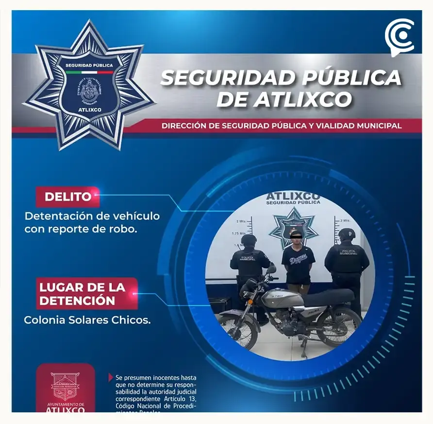 Por diferentes delitos, policías municipales detienen a cinco hombres en Atlixco