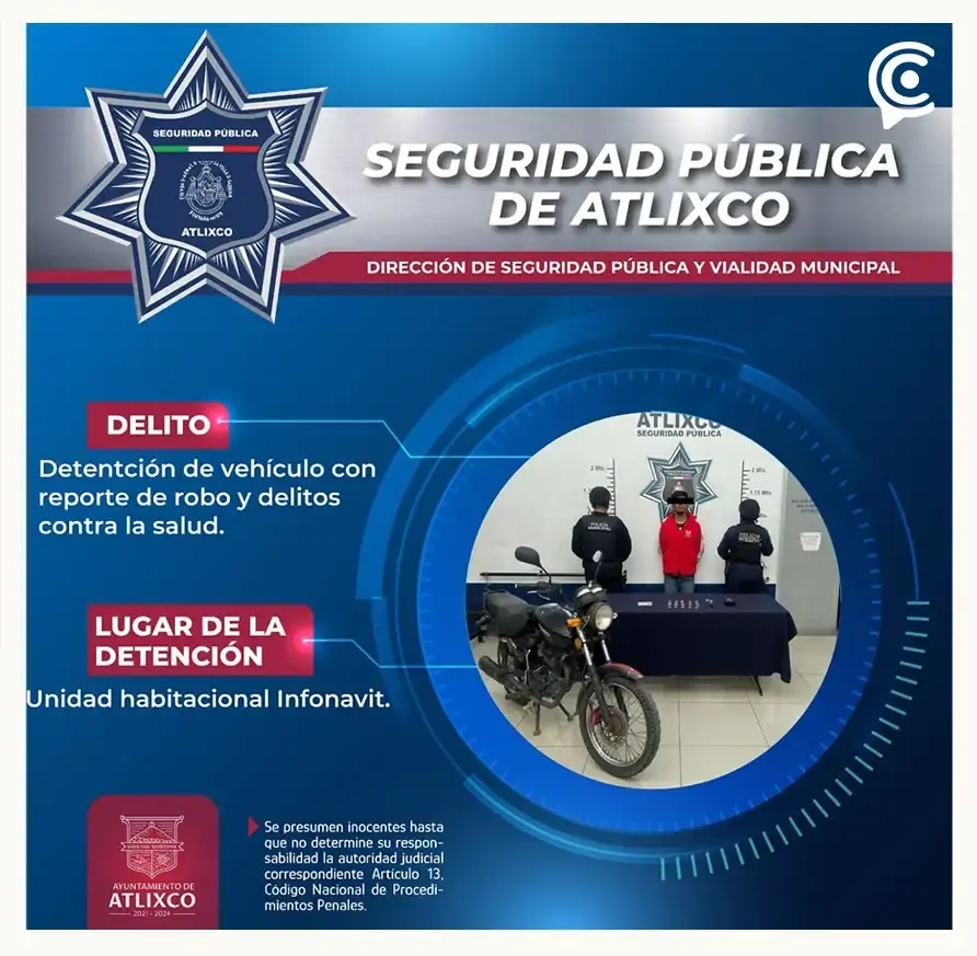 Por diferentes delitos, policías municipales detienen a cinco hombres en Atlixco