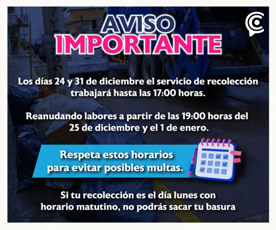 Se modifican horarios de recolección de basura el 25 de diciembre y 1 de enero de 2024