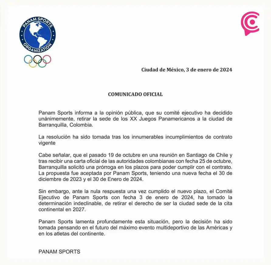 Panam Sports le retira la sede a Barranquilla, Colombia de los Juegos Panamericanos 2027