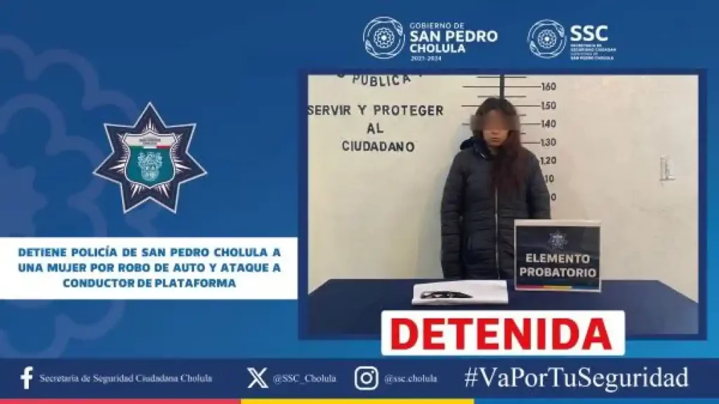Detiene policía de San Pedro Cholula a una mujer por robo de auto y ataque a conductor de plataforma