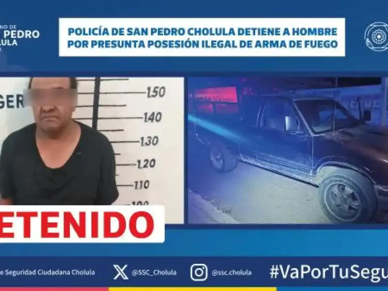 Policía de San Pedro Cholula detiene a hombre por presunta posesión ilegal de arma de fuego
