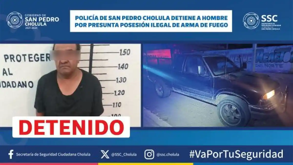 Policía de San Pedro Cholula detiene a hombre por presunta posesión ilegal de arma de fuego