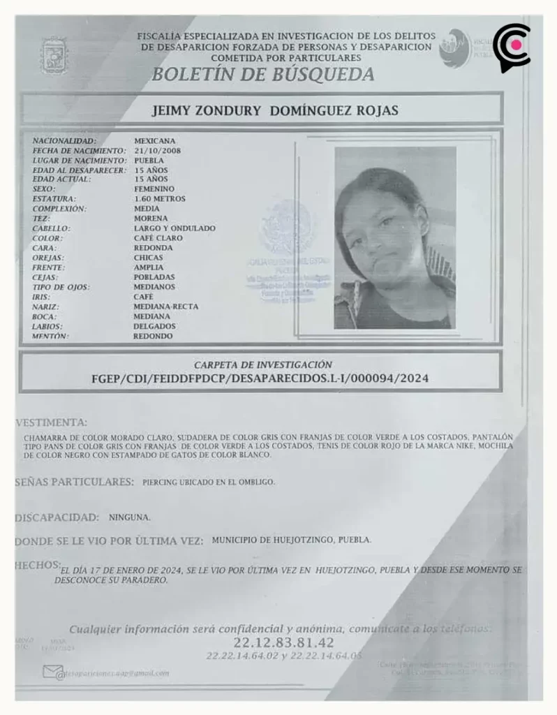 Buscan a Jeimy Zondury Domínguez Rojas, desapareció en Huejotzingo