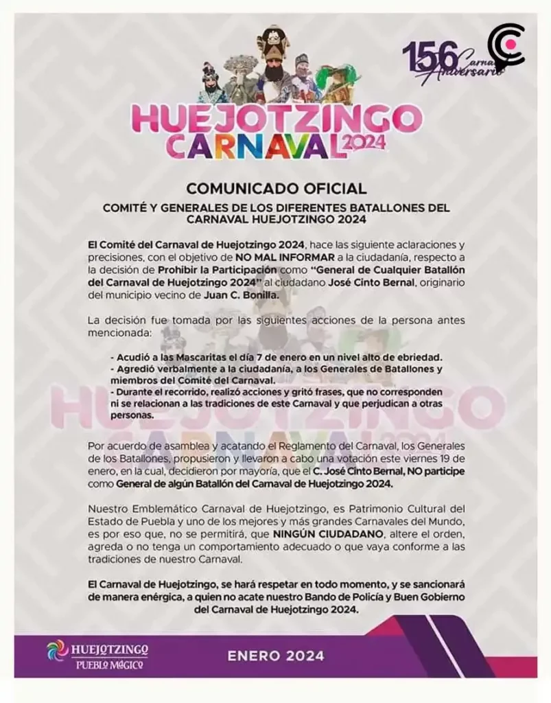 Prohíben participar al presidente de Juan C. Bonilla en Carnaval de Huejotzingo Prohíben participar al presidente de Juan C. Bonilla en Carnaval de Huejotzingo