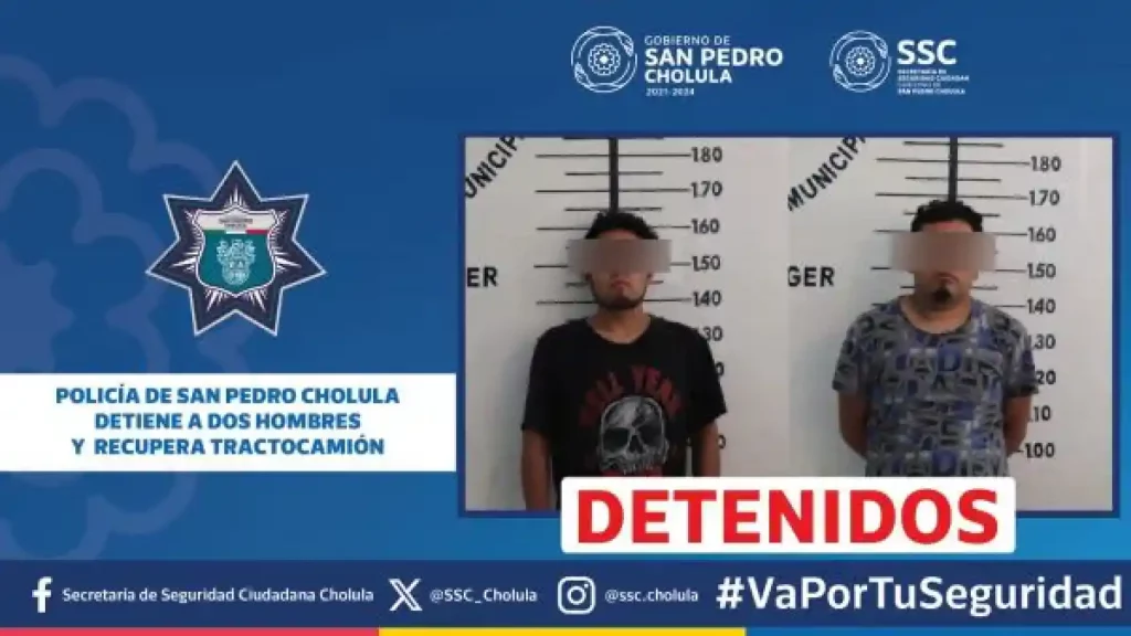 Policía de San Pedro Cholula detiene a dos hombres y recupera tractocamión robado en Xoxtla