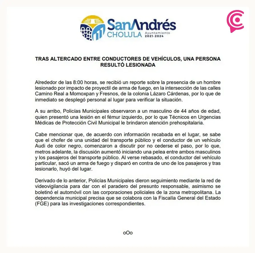 Pasajero de Ruta S25 es baleado por automovilista, tras discusión en San Andrés Cholula