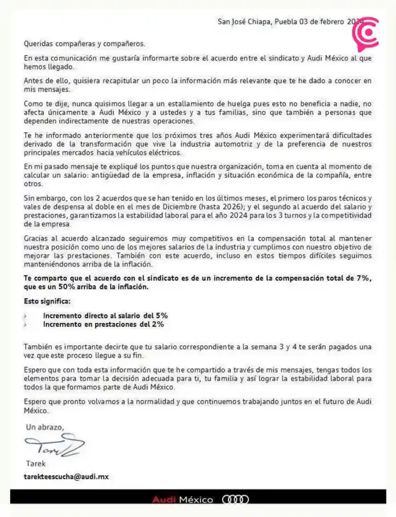 Audi ofrece incremento salarial del 7%, el 9 de febrero votarán los trabajadores