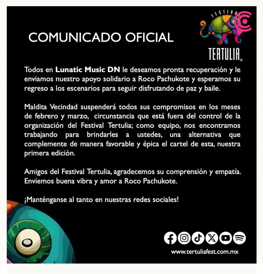 Maldita Vecindad no podrá asistir al Festival Tertulia en Puebla; hospitalizan a vocalista