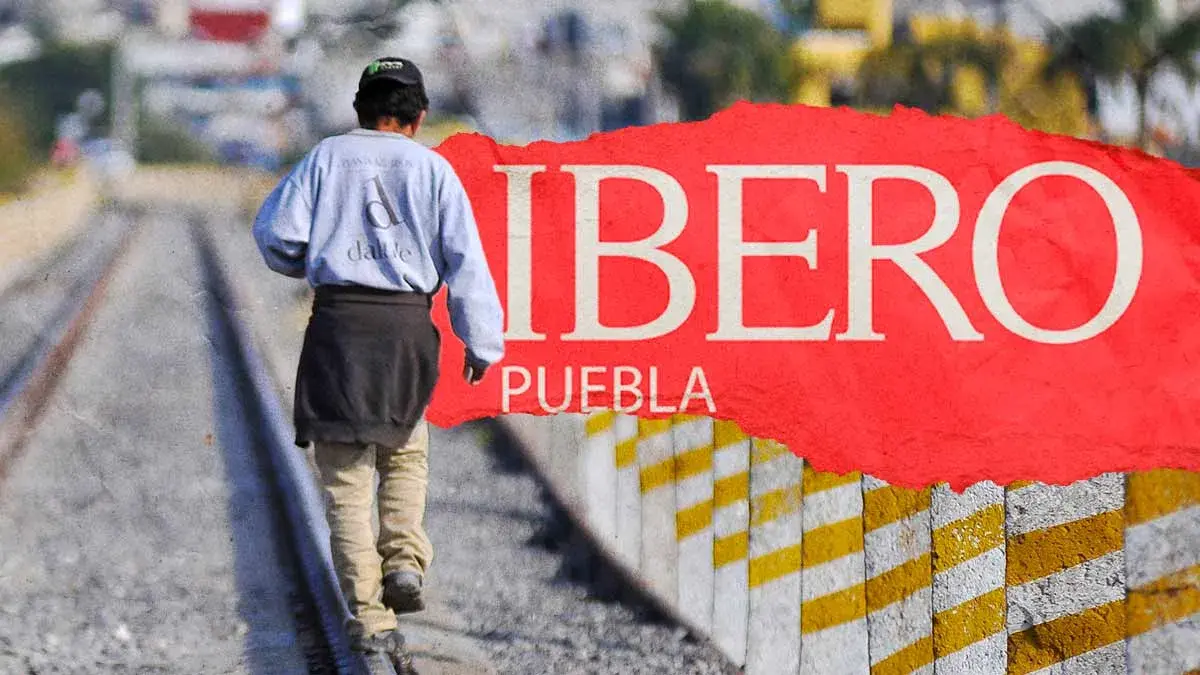 Persona caminando sobre riel de vía férrea y monograma de la IBERO Puebla.