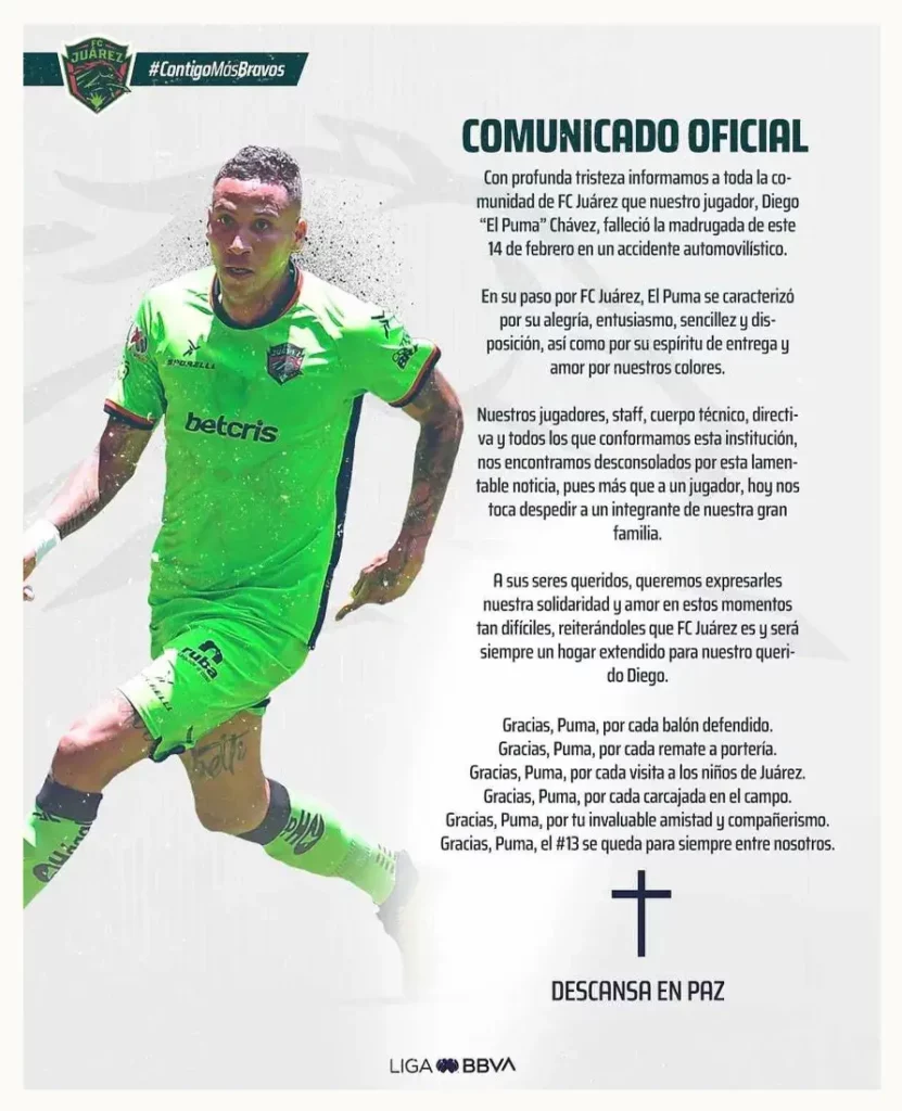 Murió Diego “Puma” Chávez, jugador mexicano de FC Juárez en accidente automovilístico