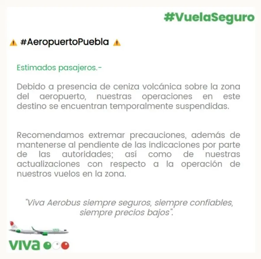 Suspenden vuelos en Aeropuerto de Puebla por caída de ceniza del Popocatépetl