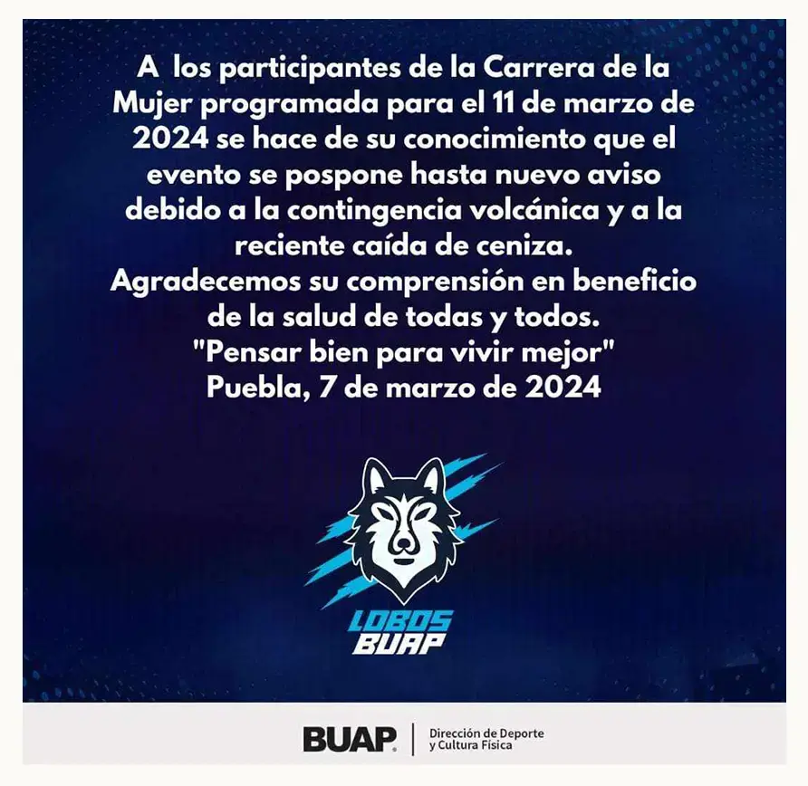 Suspenden la Carrera de la Mujer BUAP 2024 por caída de ceniza del volcán Popocatépetl

