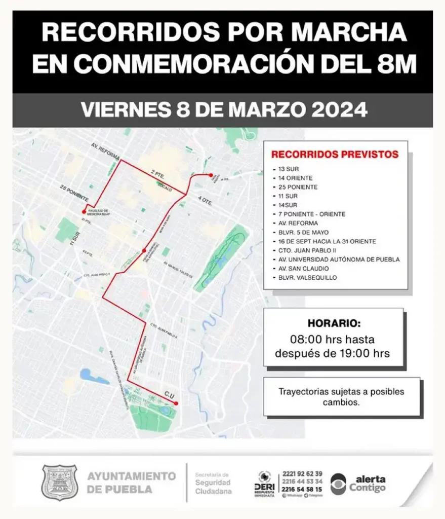 Estos son los cierres viales en Puebla capital con motivo de la marcha del 8M