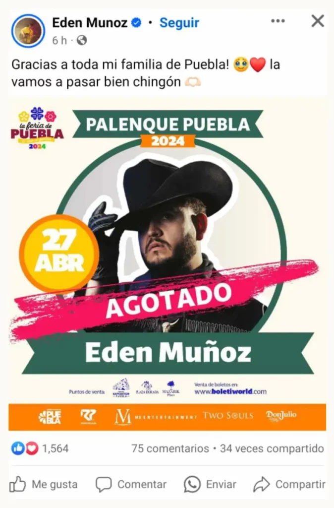 Boletos para concierto de Edén Muñoz en la Feria de Puebla 2024 están agotados