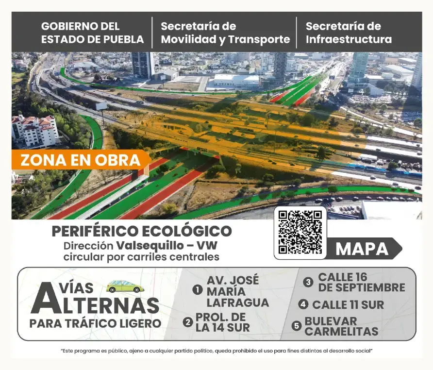 Cierran lateral de Vía Atlixcáyotl con sentido a Puebla por obras