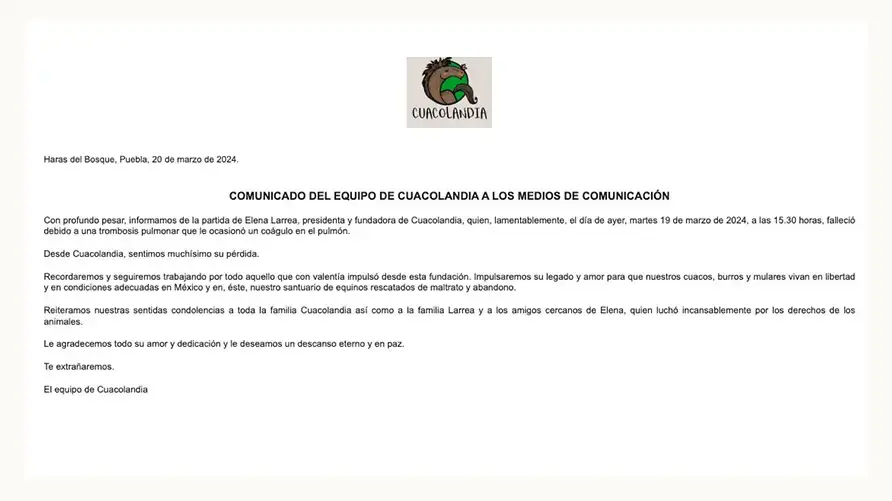 Murió Elena Larrea, activista y fundadora de Cuacolandia