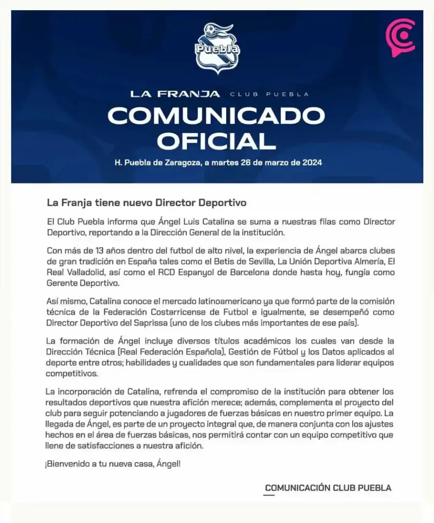 Club Puebla hace oficial la llegada del polémico Ángel Catalina como Director Deportivo