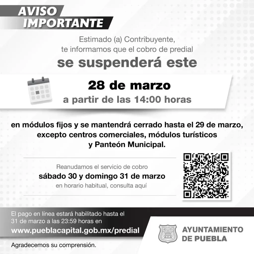 Ayuntamiento de Puebla anuncia horario de atención en módulos de pago del predial en Semana Santa