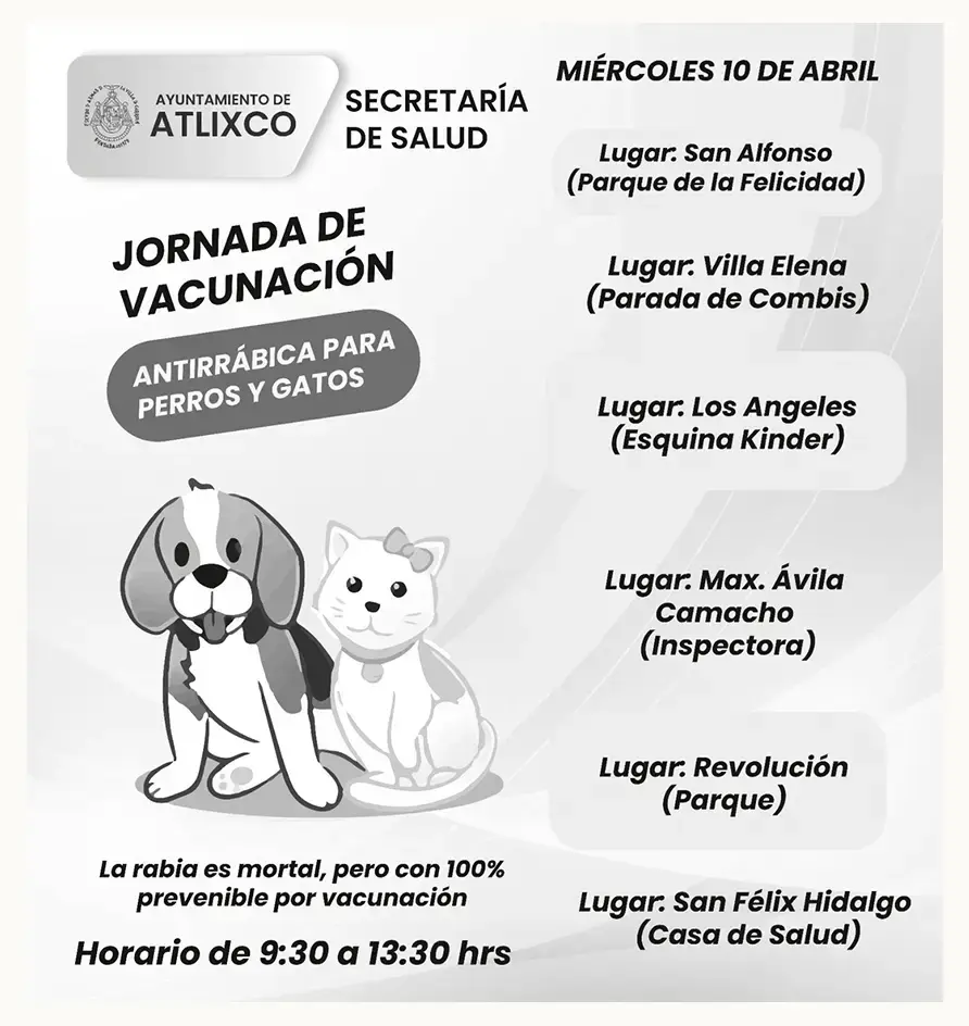 Continúa vacunación antirrábica por colonias y comunidades de Atlixco