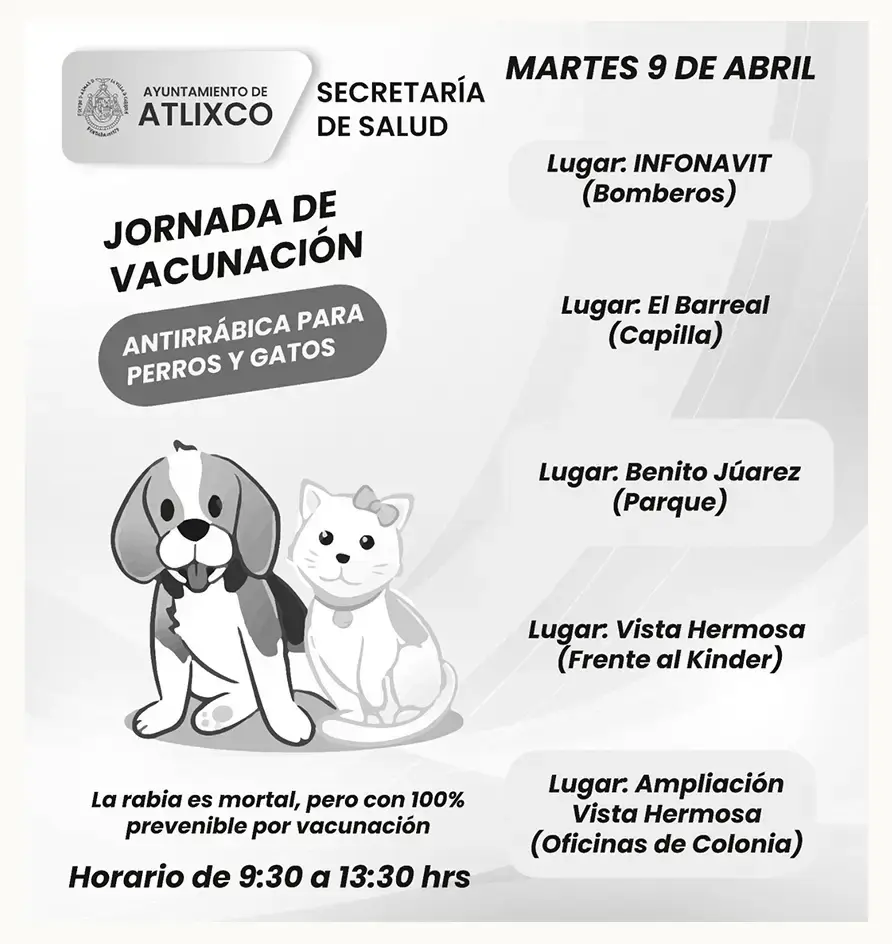 Continúa vacunación antirrábica por colonias y comunidades de Atlixco