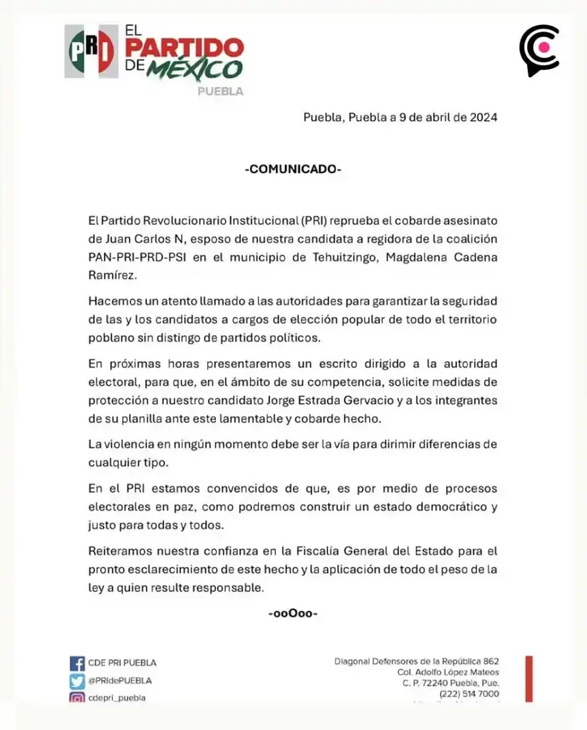 Asesinan al esposo de Magdalena Cadena, candidata a regidora de PRI-PAN-PRD-PSI en Tehuitzingo